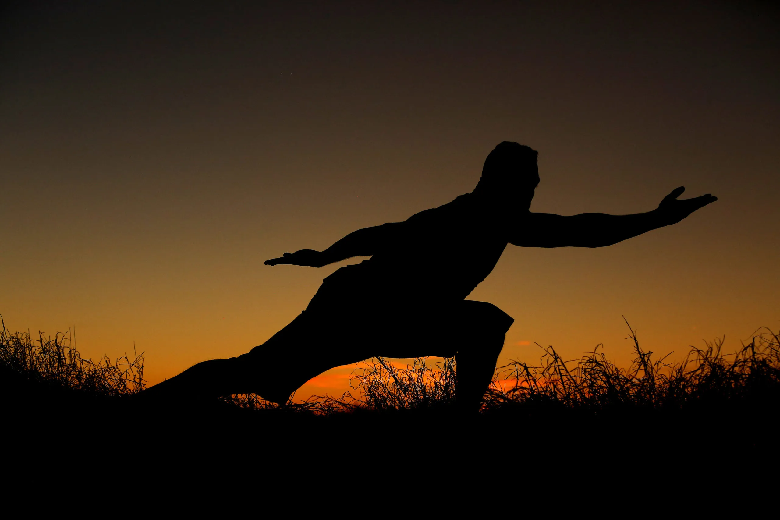 Demaris Parker holding a low Qigong stance against a burnt-gold desert sunset