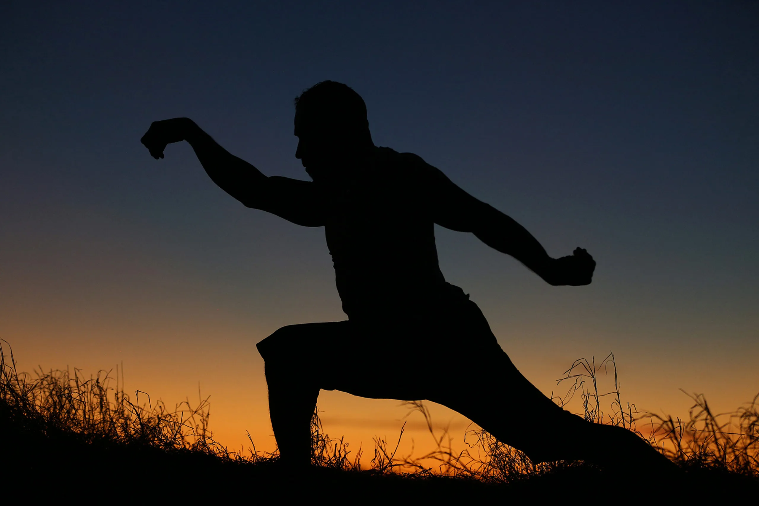 A meditative Qigong silhouette against a glowing sunset