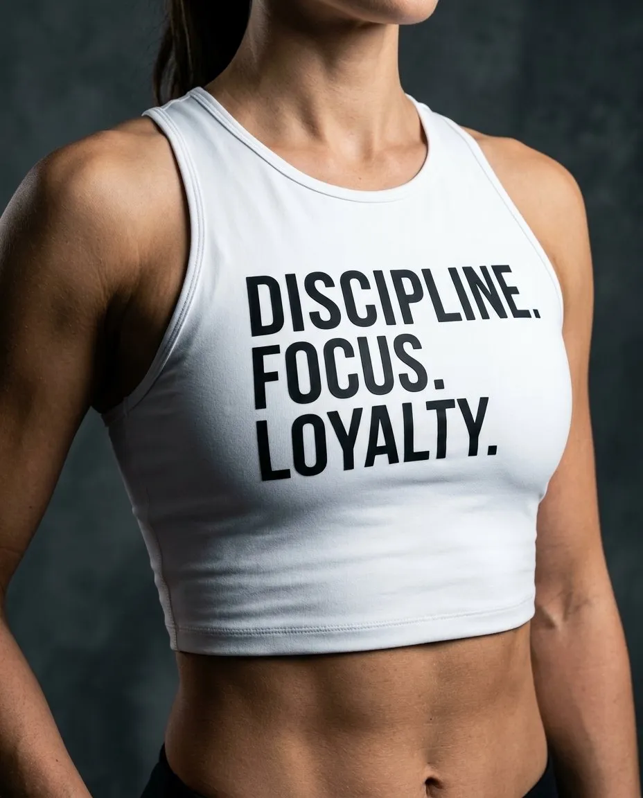White women’s cropped training top printed with Discipline Focus Loyalty