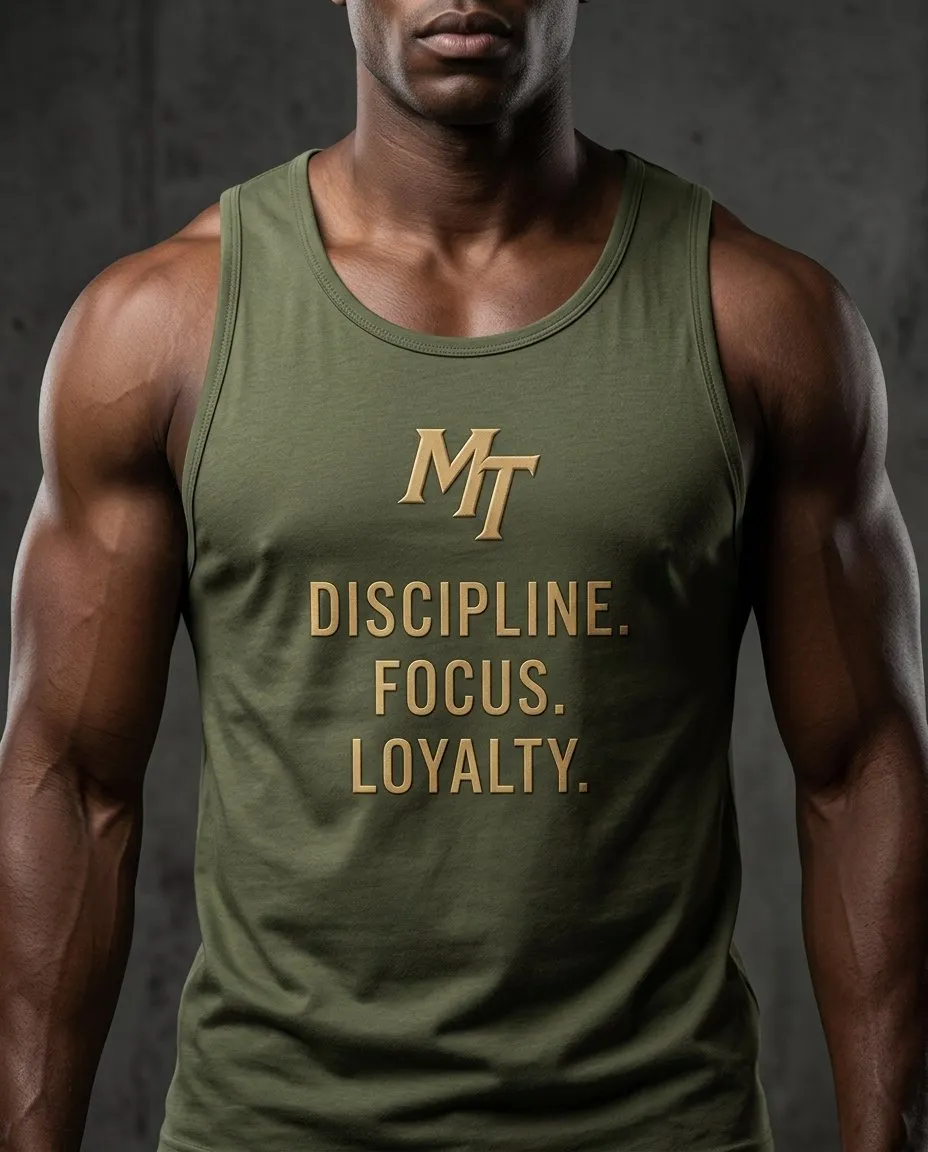 Olive training tank with gold MT monogram and Discipline Focus Loyalty, worn by a male model
