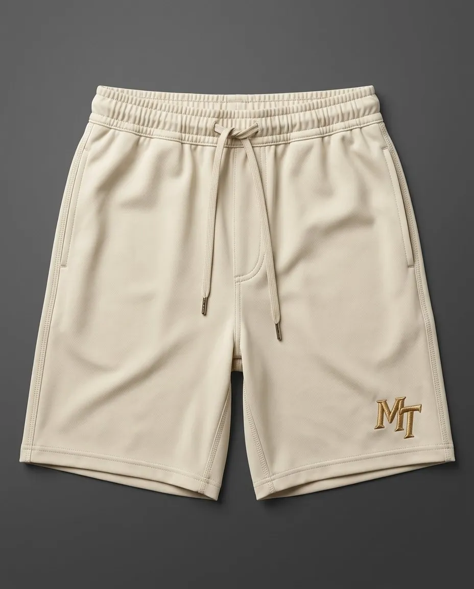 Cream sand French-terry lounge shorts with gold MT embroidery