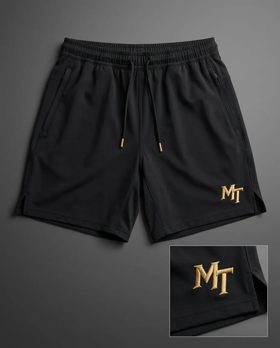 Black MT performance training shorts with gold MT embroidery and zip pockets