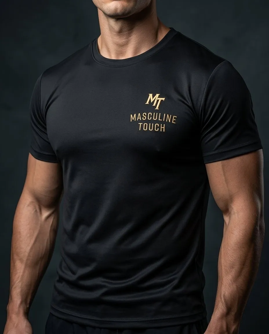 Black Masculine Touch signature tee with gold MT monogram, worn by a male model
