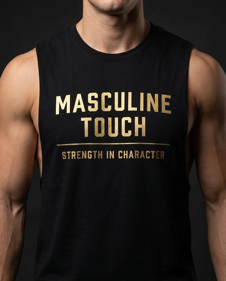 Black muscle tank with gold Masculine Touch Strength in Character print, worn by a male model